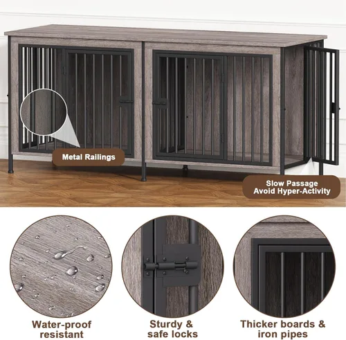 Miniatura 6 de EasyCom - Mueble jaula para 1 o 2 perros, individual o doble, resistente jaula para interiores, base de televisión, mediano, 63 pulgadas de largo