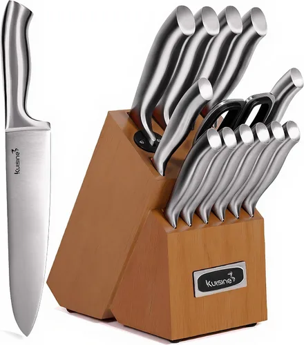 Miniatura 9 de Kuisine Juego de Cuchillos de Chef Mejorado, Hoja Ultra Afilada de Acero Inoxidable con Alto Carbono Mango Ergonómico, Juego de Bloque de Cuchillos