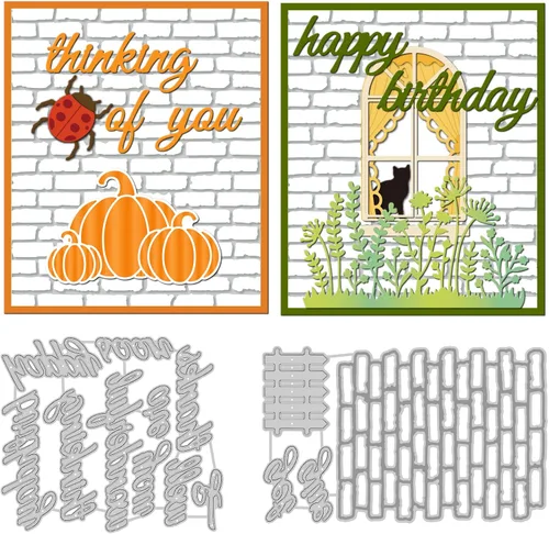 INFUNLY Valla de pared de ladrillo con troquel de palabras y troqueles de feliz cumpleaños para hacer tarjetas, álbumes de recortes y decoración de