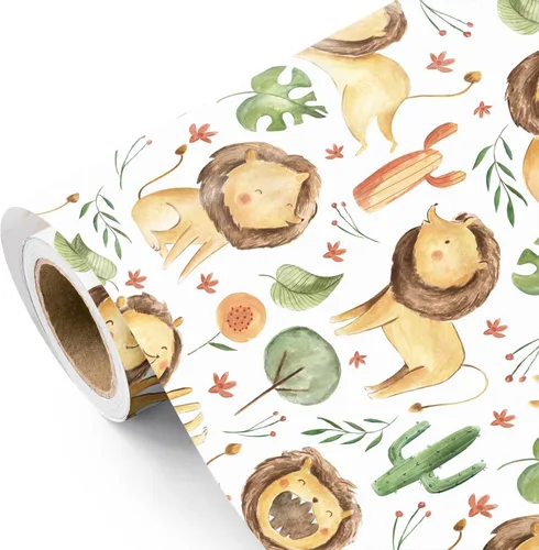 Miniatura 11 de WRAPAHOLIC Rollo de papel de regalo Kraft Animal - Mini Rollo - 17 pulgadas x 16.5 pies - Diseño de mono, elefante y dinosaurio lindos, perfecto