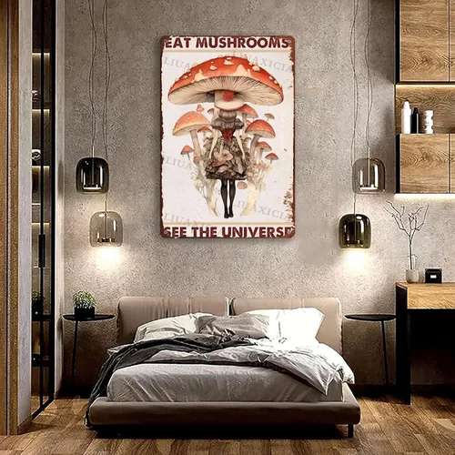 Miniatura 2 de Letrero retro de hojalata con texto en inglés "Eat Mushrooms See The Universe for Kitchen Bar Garage Decor 8.00"x12.00