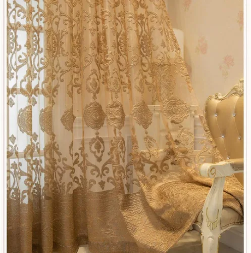 Miniatura 9 de Amidoudou 1 par de cortinas traslúcidas europeas de lujo con bordado hueco para dormitorio, sala de estar (dorado, 54 x 84 pulgadas)