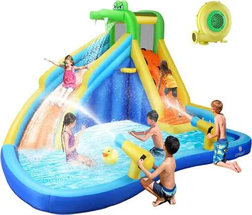 DREAMVAN Tobogán acuático inflable, parque acuático para niños con piscina, pared de escalada, aro de baloncesto, cañón, tobogán acuático de piscina