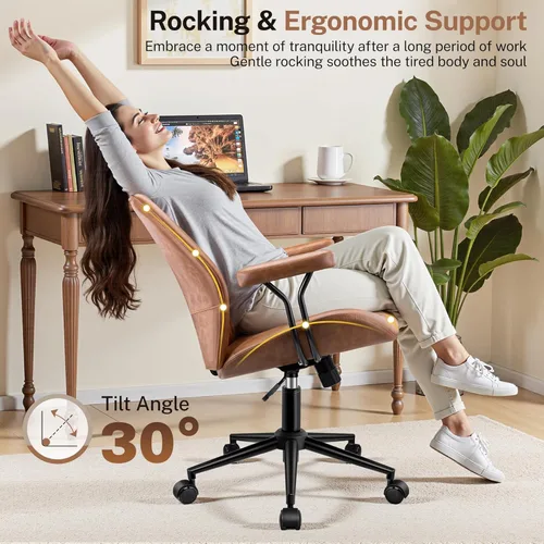 Miniatura 5 de HeroSet Silla de oficina de cuero con reposabrazos extraíbles, silla de escritorio ergonómica de respaldo medio con soporte lumbar, silla ejecutiva