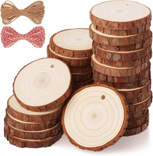 Fuyit Juego de 30 rodajas de madera de 2.0 a 2.4 pulgadas, sin acabar, con agujero, círculos de madera para artes y manualidades, adornos de