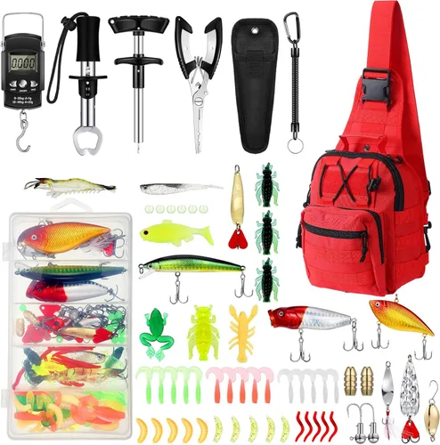 Miniatura 9 de Sosation 134 Piezas Herramienta de Pesca Herramienta de Pesca y Equipo Regalo para Adultos, Removedor de Anzuelos, Kit de Alicates, Mochila Caqui