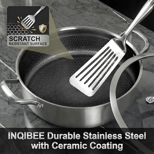 Miniatura 4 de Inqibee - Sartén híbrida de 5 QT de acero inoxidable con revestimiento cerámico de tres capas sin adherencia con tapa, olla de cocina de inducción