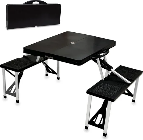 Miniatura 19 de Picnic TIME Mesa de picnic plegable portátil con asientos para 4, mesa de aluminio plegable con bancos y agujero para paraguas, mesa plegable ligera