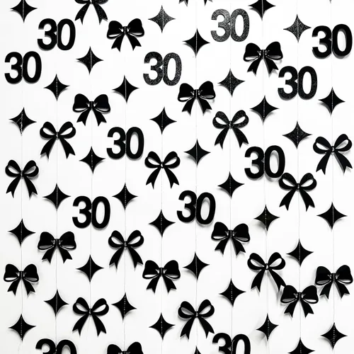 Miniatura 3 de Decoraciones de cumpleaños negras con lazo del 30 aniversario, guirnalda de lazos coquette con purpurina, pancarta serpentina para mujeres