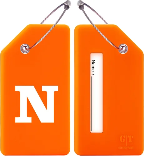 Miniatura 2 de Gostwo - Paquete de 2 etiquetas de silicona con letras iniciales para equipaje, bolsa escolar, maleta, etiqueta para instrumentos, naranja (N)