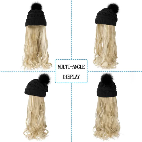 Miniatura 2 de Qlenkay Gorro con extensiones de cabello largo ondulado y rizado, gorra de punto negro adjunta de 20 pulgadas, peluca sintética desmontable, pompón