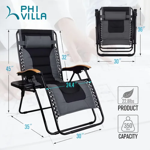 Miniatura 7 de PHI VILLA Silla XL de gravedad cero de gran tamaño, acolchada, reclinable, de gran tamaño, con soporte para tazas, soporta 350 libras (gris)