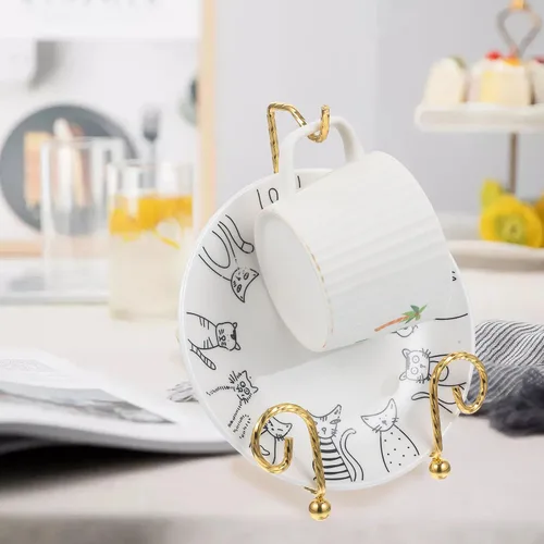 Miniatura 8 de Cabilock Organizador de tazas de té chapado en Europa y soporte de exhibición de platillo, paquete de 2 soportes de metal para platillos de mesa