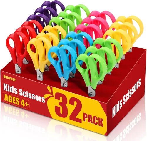BURVAGY Paquete de 32 tijeras redondas de seguridad de 5.5 pulgadas para niños, estudiantes, punta roma, para manualidades, cuchillas de acero 32