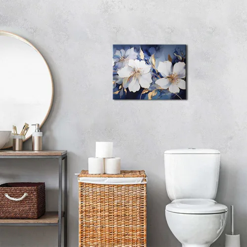 Miniatura 2 de Arte de pared abstracto de flores blancas azules y doradas, decoración de pared azul marino y dorado, marmoleado de flores silvestres