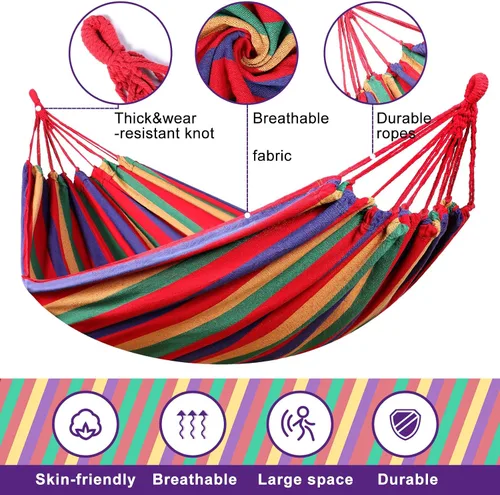 Miniatura 3 de Windyun 2 juegos de hamacas de lona de algodón, hamaca doble grande de 400 libras, hamacas portátiles para acampar para exteriores con bolsa de Rojo