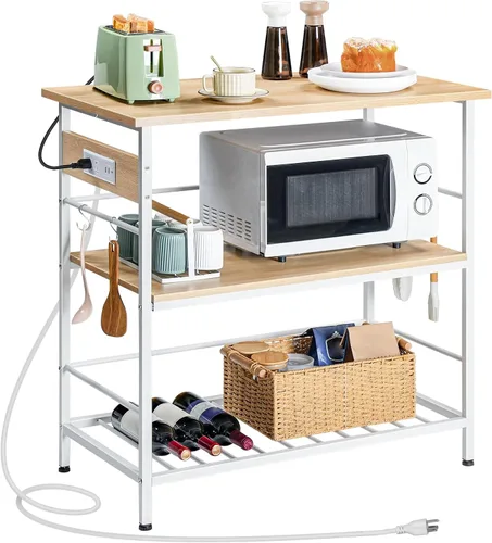 Miniatura 9 de HOOBRO Isla de cocina con almacenamiento, mesa de isla de cocina con toma de corriente, estación de café de 3 niveles y soporte para microondas