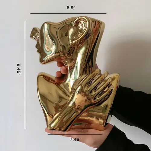 Miniatura 4 de Estatua de cerámica, florero con cara, macetas de busto con forma de cabeza para regalos de cumpleaños, decoración del hogar y la oficina (dorada)