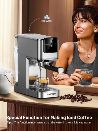 Miniatura 5 de Máquina de café expreso de 20 bares, cafetera caliente y fría con espumador de leche, pantalla táctil, tanque de agua compacto, máquinas de café
