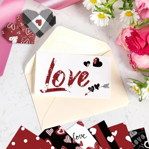 Miniatura 6 de Papel con Patrón de San Valentín de Doble Cara Papel Decorativo para Álbum de Recortes de San Valentín, Cartulina Roja y Negra con Corazones de Amor