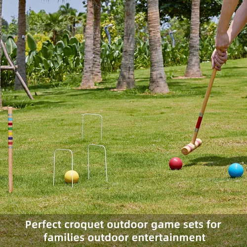 Miniatura 2 de Juego de croquet para seis jugadores con mazos de madera de primera calidad de 28 pulgadas, bola de colores, mechones, estacas, juego perfecto al