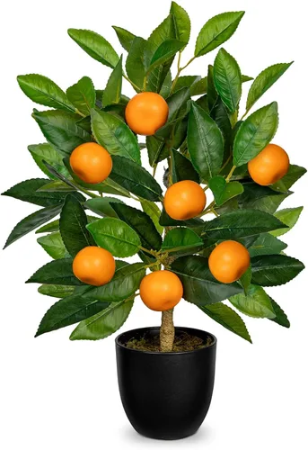 Plantas artificiales en maceta de 15.7 pulgadas, árbol de naranja artificial, planta de cítricos con maceta negra, plantas sintéticas de interior