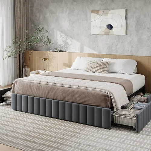 Miniatura 10 de Allewie Base de cama de plataforma de tamaño completo con 4 cajones de almacenamiento grandes, base de cama tapizada con canales verticales