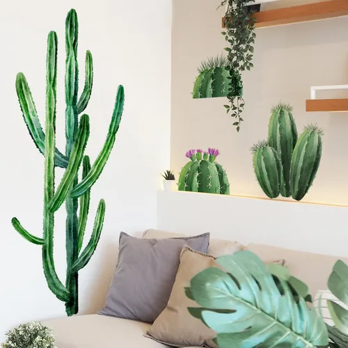 Miniatura 3 de Runtoo Calcomanía de pared de cactus bohemios, plantas botánicas verdes, calcomanías de pared para sala de estar, dormitorio, cocina, decoración