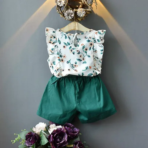 Miniatura 2 de Conjunto de ropa de verano para bebés y niñas de 2 a 7 años con estampado de flores y pantalones cortos con cinturón