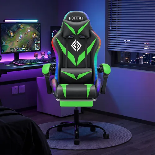 Miniatura 2 de Silla de juegos RGB con luces LED y masaje, silla ergonómica de computadora con reposapiés, silla de videojuegos de respaldo alto con soporte lumbar