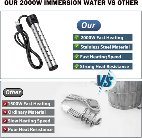 Miniatura 3 de Calentador de inmersión de 2000 W, calentador de agua eléctrico portátil, calentamiento rápido para cubos, bañeras, calentador de agua sumergible