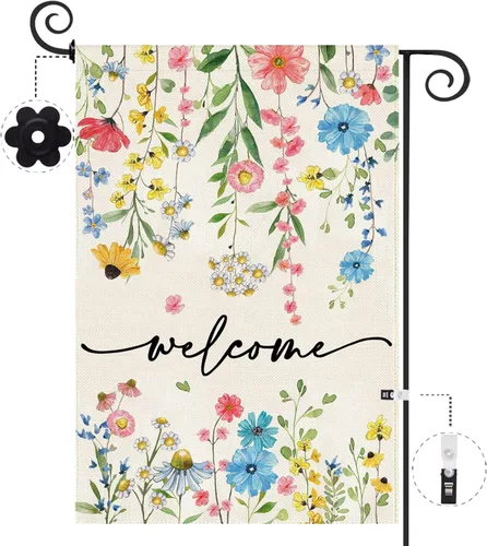 Miniatura 9 de Baccessor Bandera de Casa de Bienvenida de Verano 28 x 40 Pulgadas Divertida Bandera Floral Azul de Primavera para Jardín y Patio de Arpillera