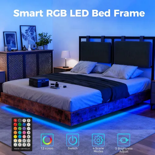 Miniatura 3 de LUCKLIFE Base de cama flotante tamaño Queen, con cabecero ajustable y luces LED inteligentes, marco de cama tapizado con luces RGB, cama de metal