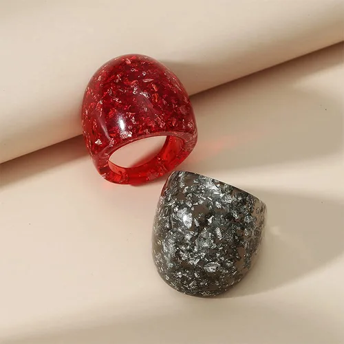 Miniatura 4 de YERTTER Juego de 2 anillos gruesos de acrílico para mujeres y niñas, de resina, ligeros, vintage, exagerados, tallas 6-9, Acrílico, Resina