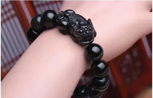 Miniatura 25 de Pulsera de obsidiana negra, pulsera de obsidiana negra Feng Shui para mujeres y hombres, pulsera elástica de obsidiana con piedra de ojo de tigre