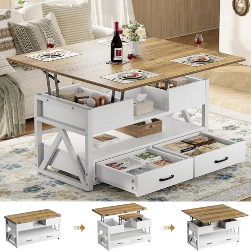 Miniatura 9 de Memobarco Mesa de Centro con Tapa Elevable de 40", Mesas de Centro Elevables Multifunción 4 en 1 con Cajones de Almacenamiento y Compartimento