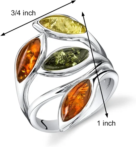 Miniatura 3 de Peora Anillo genuino de hoja de ámbar báltico para mujer, plata de ley 925, coñac rico, verde oliva, colores amarillo miel, tamaños 5 a 9, Metal