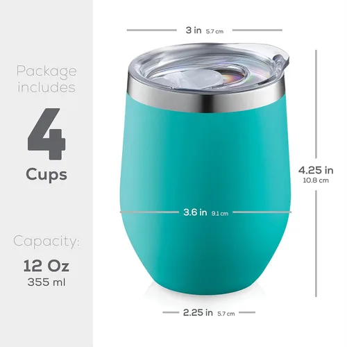 Miniatura 6 de FineDine Vaso de vino con triple aislamiento con tapa (paquete de 4) juego de vidrio de acero inoxidable de 12 onzas, mantiene las bebidas calientes