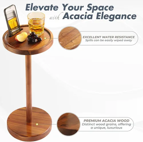 Miniatura 3 de Mesa auxiliar de pedestal, mesa de bebida de acacia con base pesada, mesa auxiliar redonda pequeña para espacios pequeños con soporte para teléfono