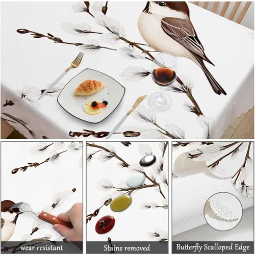 Miniatura 6 de Swono - Mantel de mesa con pájaros, ramas de sauce y gorriones, mantel decorativo oblongo para cocina, comedor, banquete de fiesta y mantel