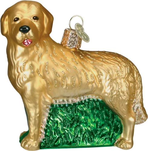 Old World Christmas Golden Retriever - Adorno de cristal soplado para árbol de Navidad, decoración navideña artesanal, colección de perros