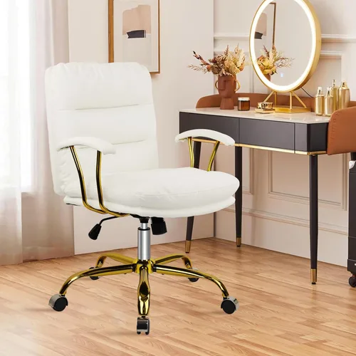 Miniatura 4 de KLASIKA Silla de escritorio de cuero para oficina en casa, silla de tocador de respaldo medio, silla de maquillaje con ruedas doradas y reposabrazos