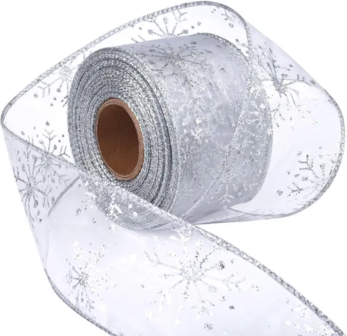 Cinta con alambre de 2.5 pulgadas de Navidad con copo de nieve, cinta de organza con purpurina para árbol de Navidad, corona, decoración de fiesta,