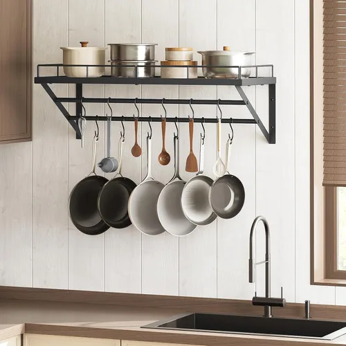 Miniatura 7 de YATINEY Estante para ollas, estante de pared de 30 pulgadas, organizador de ollas y sartenes de cocina con rieles colgantes de 2 niveles, 12 ganchos