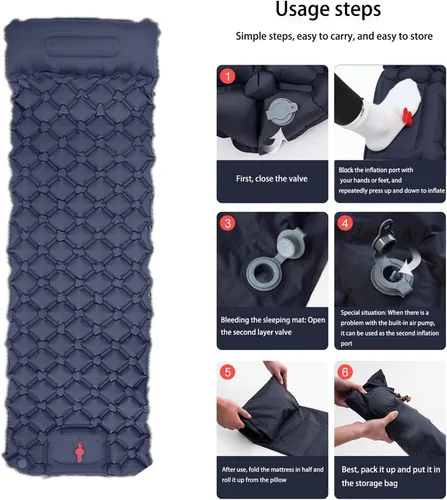 Miniatura 9 de Colchoneta de dormir para campamento: colchoneta inflable ultraligera con bomba de pie y almohada integradas, colchón de aire compacto mejorado