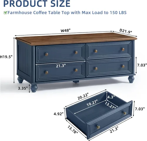 Miniatura 2 de RWYHG - Mesa de centro de granja de 48" con almacenamiento oculto, mesas de café de madera con 4 cajones y mango de columna romana, mesa rústica