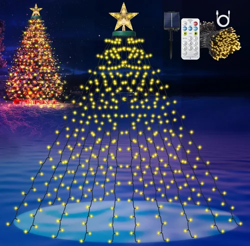 Miniatura 10 de Luces solares para árbol de Navidad con estrella de 6.6 pies x 16 líneas, 410 luces LED de Navidad con 8 modelos de temporizador remoto, luces