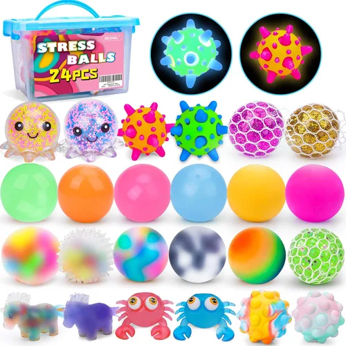 Paquete de 24 bolas antiestrés, bolas esponjosas, bolas para apretar para adultos, bolas de alivio del estrés, rellenos de caja de premios,