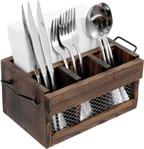 MyGift Soporte para utensilios y servilletas de madera marrón rústico con asas de transporte de metal negro y panel frontal de alambre de pollo,
