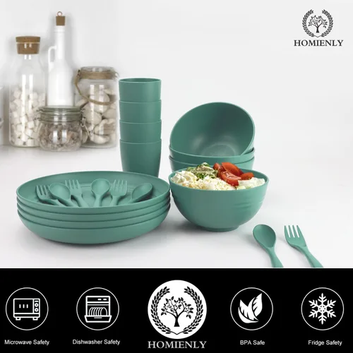 Miniatura 6 de Juegos de vajilla de paja de trigo, Homienly 20 piezas irrompibles aptas para microondas y lavavajillas, cubiertos ligeros Juego de cuencos, tazas